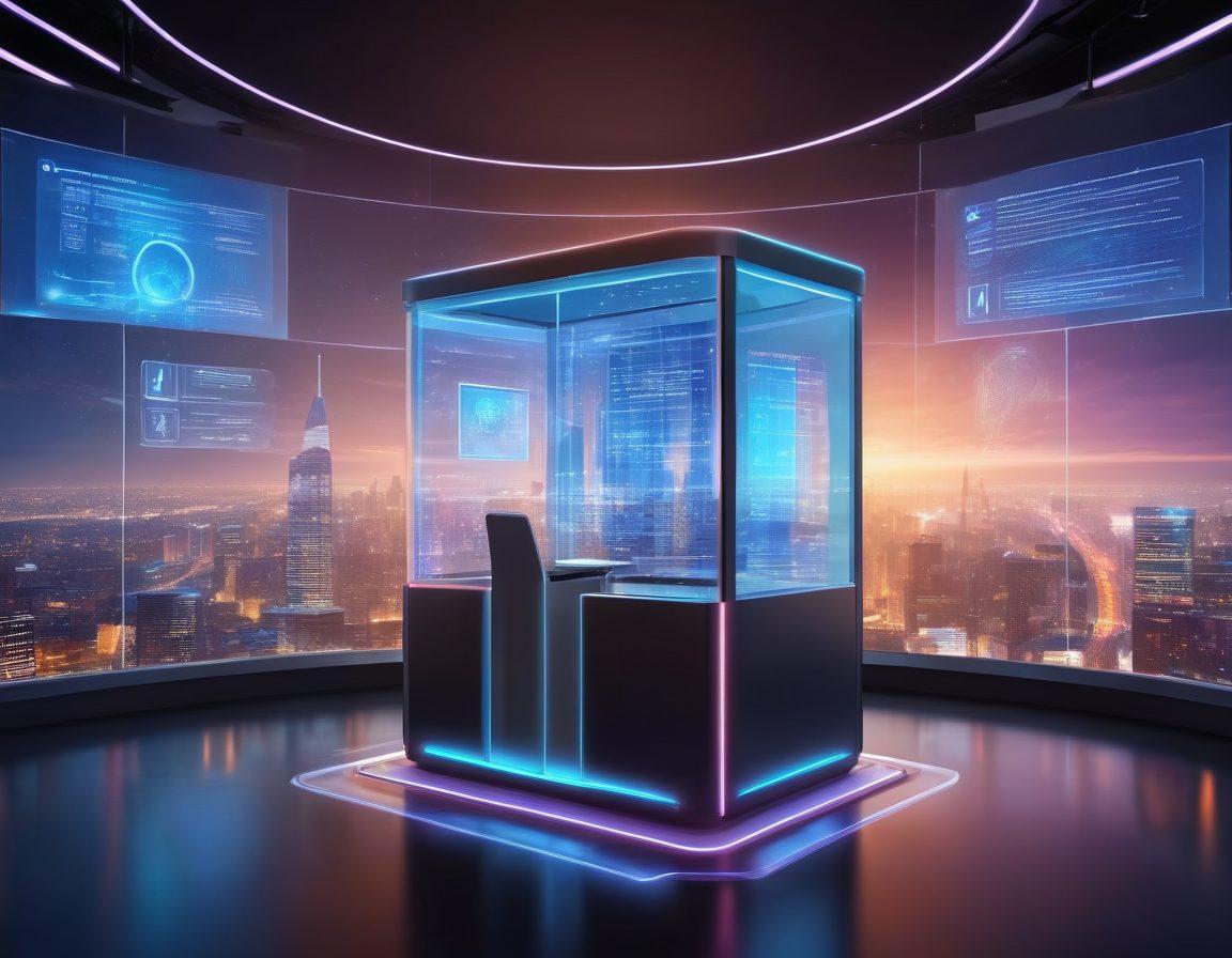 A futuristic digital voting booth with holographic interfaces, displaying diverse stakeholders engaged in the e-voting process. Surrounding them are visual representations of corporate governance concepts like transparency and accountability, with glowing charts and graphs. The background features a cityscape symbolizing modernity and innovation. super-realistic. vibrant colors. 3D.