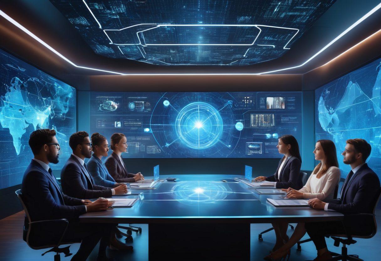 A futuristic boardroom setting where diverse individuals from different backgrounds are engaged in a dynamic discussion, showcasing visual elements of digital voting systems like holographic screens and floating data graphs. Emphasize collaboration and innovation with light beams and vibrant colors symbolizing ideas and collective wisdom. Include symbols of technology such as AI, charts, and interconnected networks. super-realistic. vibrant colors. futuristic style.