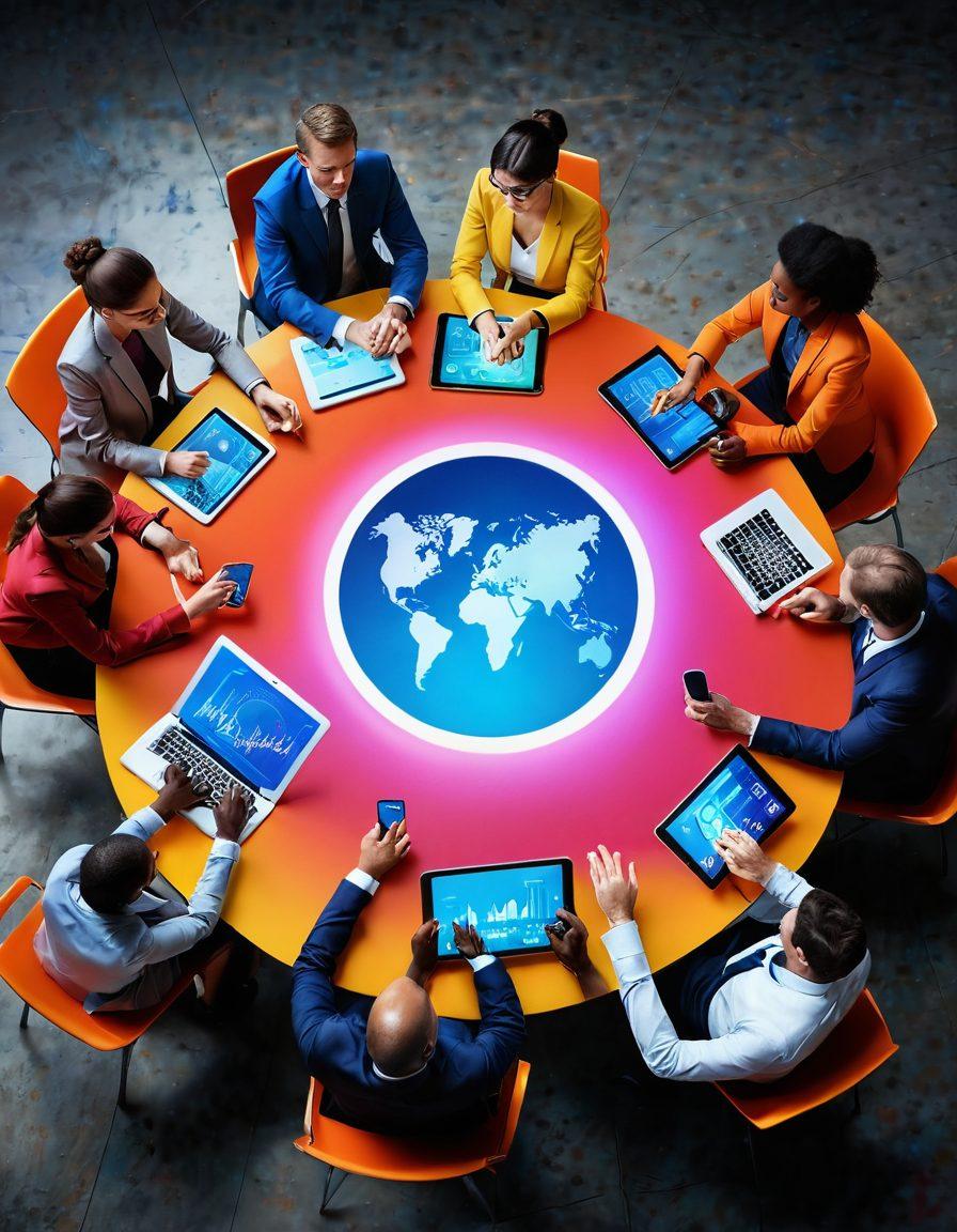A diverse group of people engaged in animated discussions around a round table, highlighting collaboration and innovation. Include futuristic technology devices like tablets and holograms displaying graphs and ideas. The background should reflect a vibrant and open workspace, symbolizing democracy in business. Bright colors to convey energy and creativity. super-realistic. vibrant colors. modern business setting.
